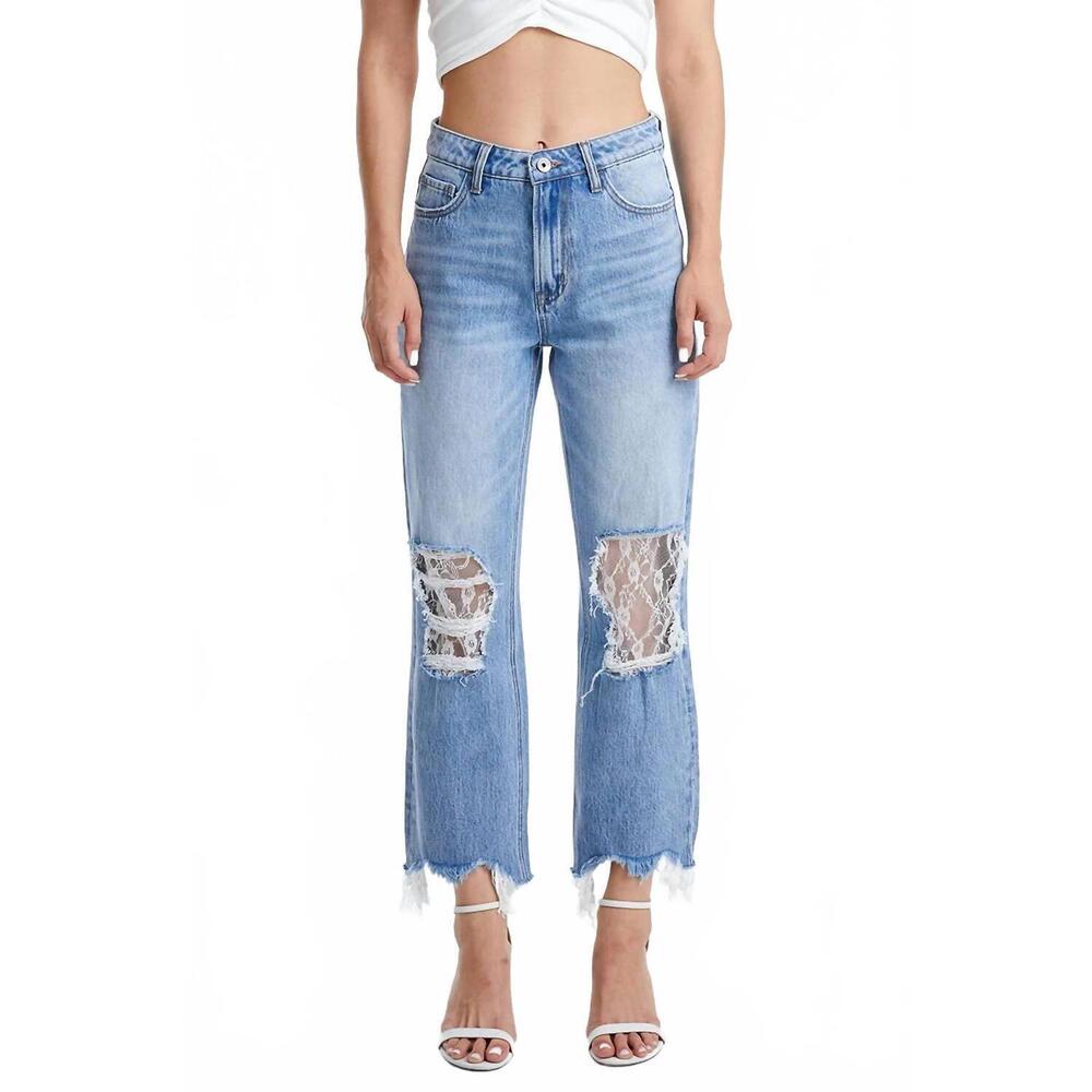 NEW BAYEAS lace-up side distressed jeans in light wash